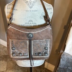 Brown Floral Embossed Shoulder Bag